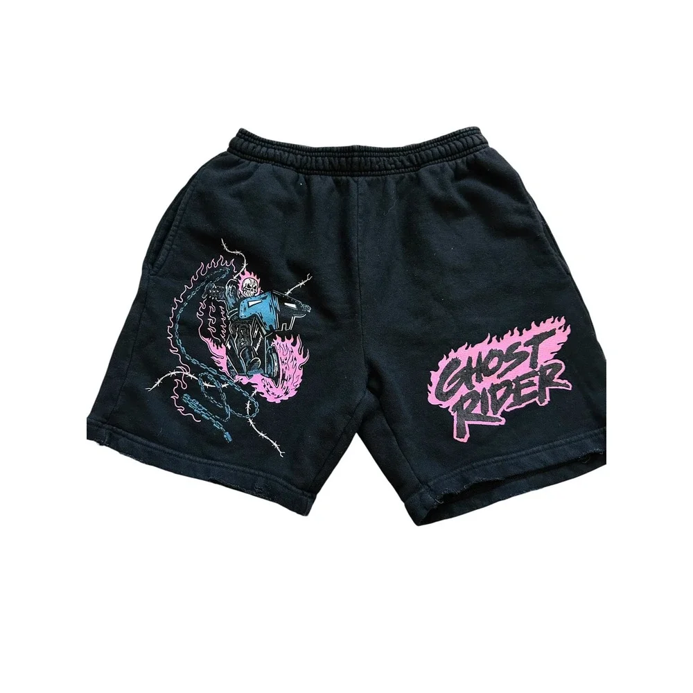 Streetwear Warren Lotas Ghost Rider Graphic Sweat Shorts Medium Black Marvel 90s